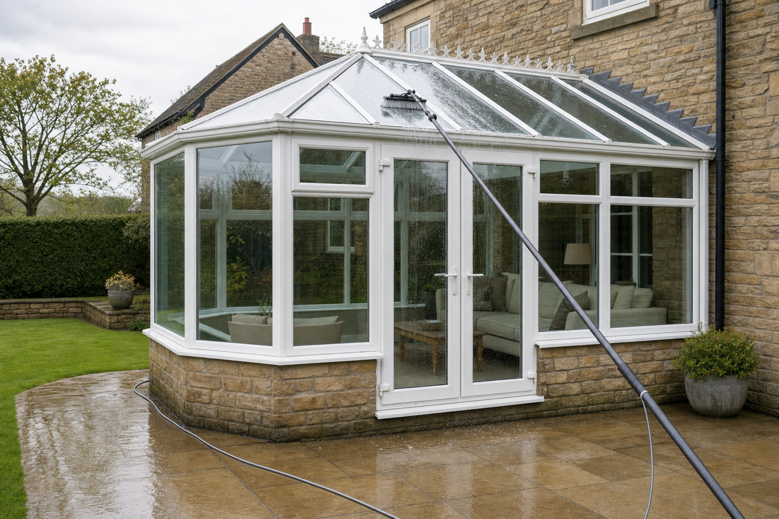 A conservatory with glass windows being cleaned with a long pole brush, surrounded by a wet patio and lush garden.