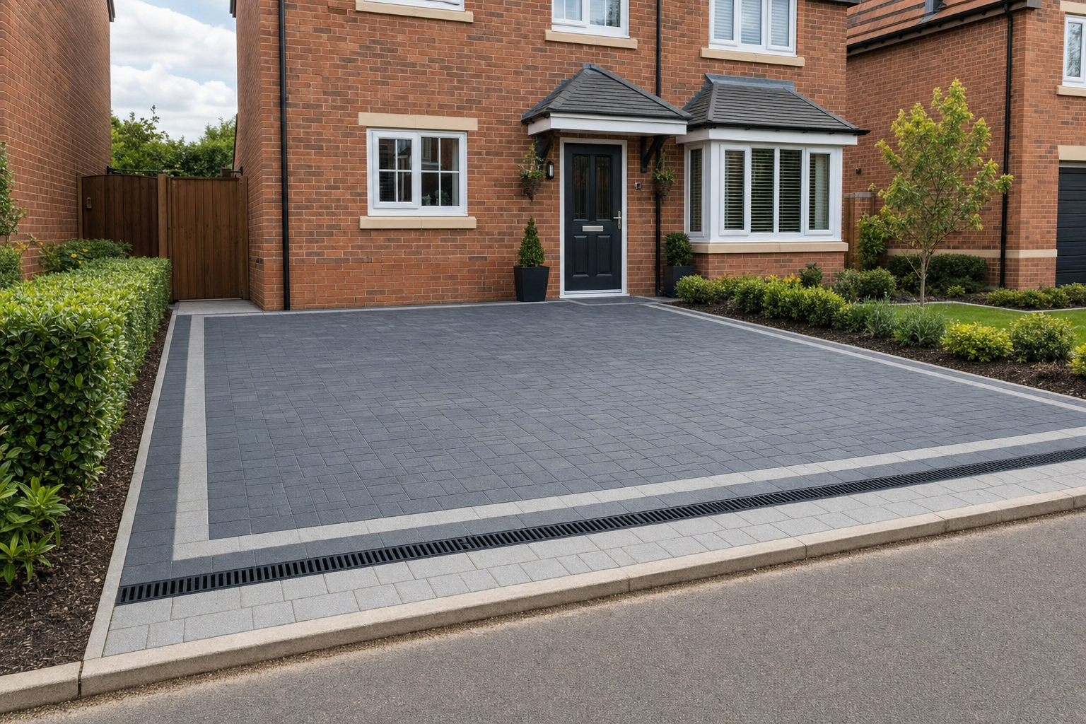 A modern red brick house with a neatly paved driveway and lush green shrubs.