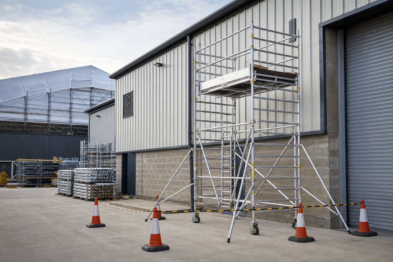Tall mobile scaffolding tower secured by safety cones near a warehouse.