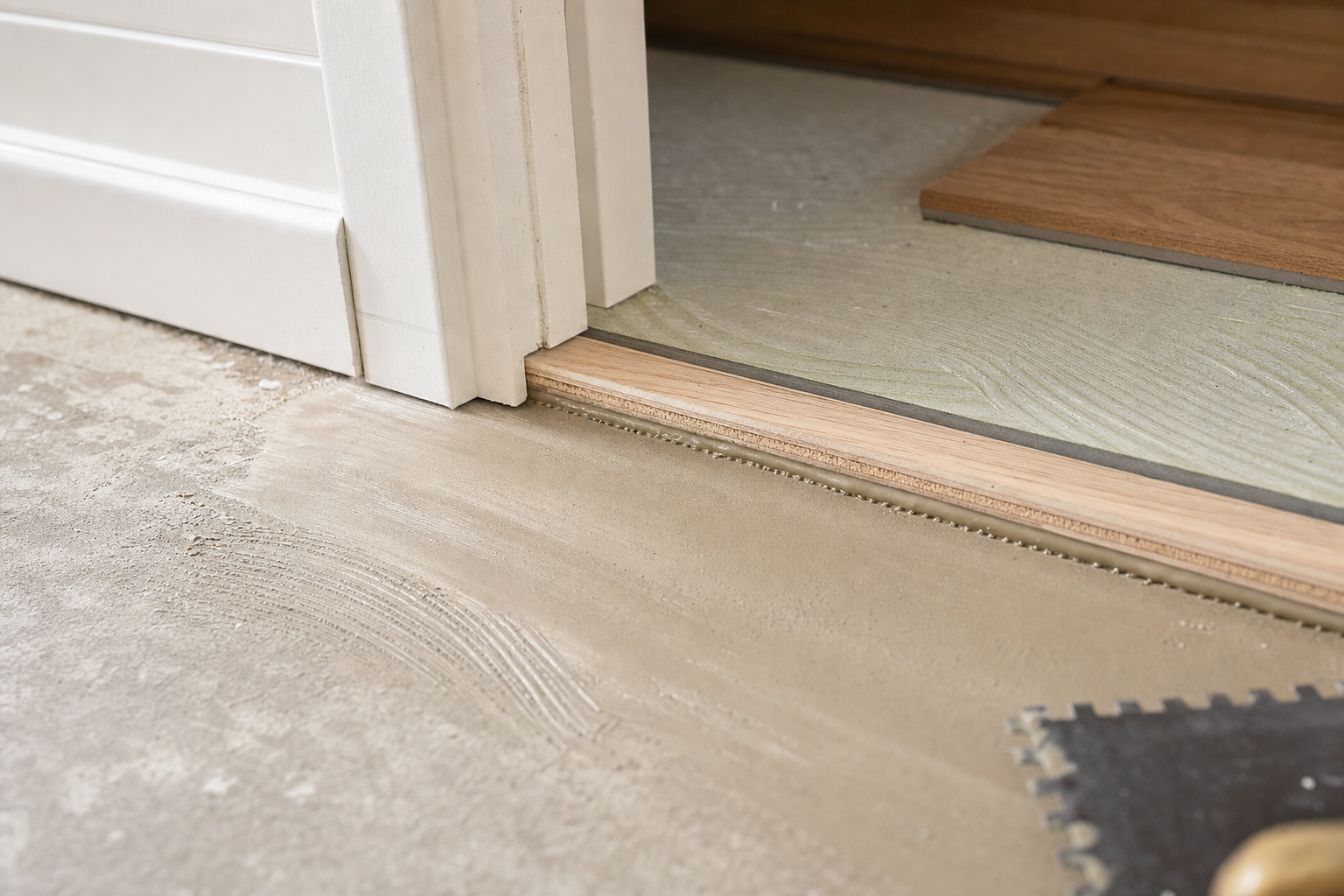 Close-up of a doorway with partially installed flooring, showing tiles and hardwood transition over a concrete base.