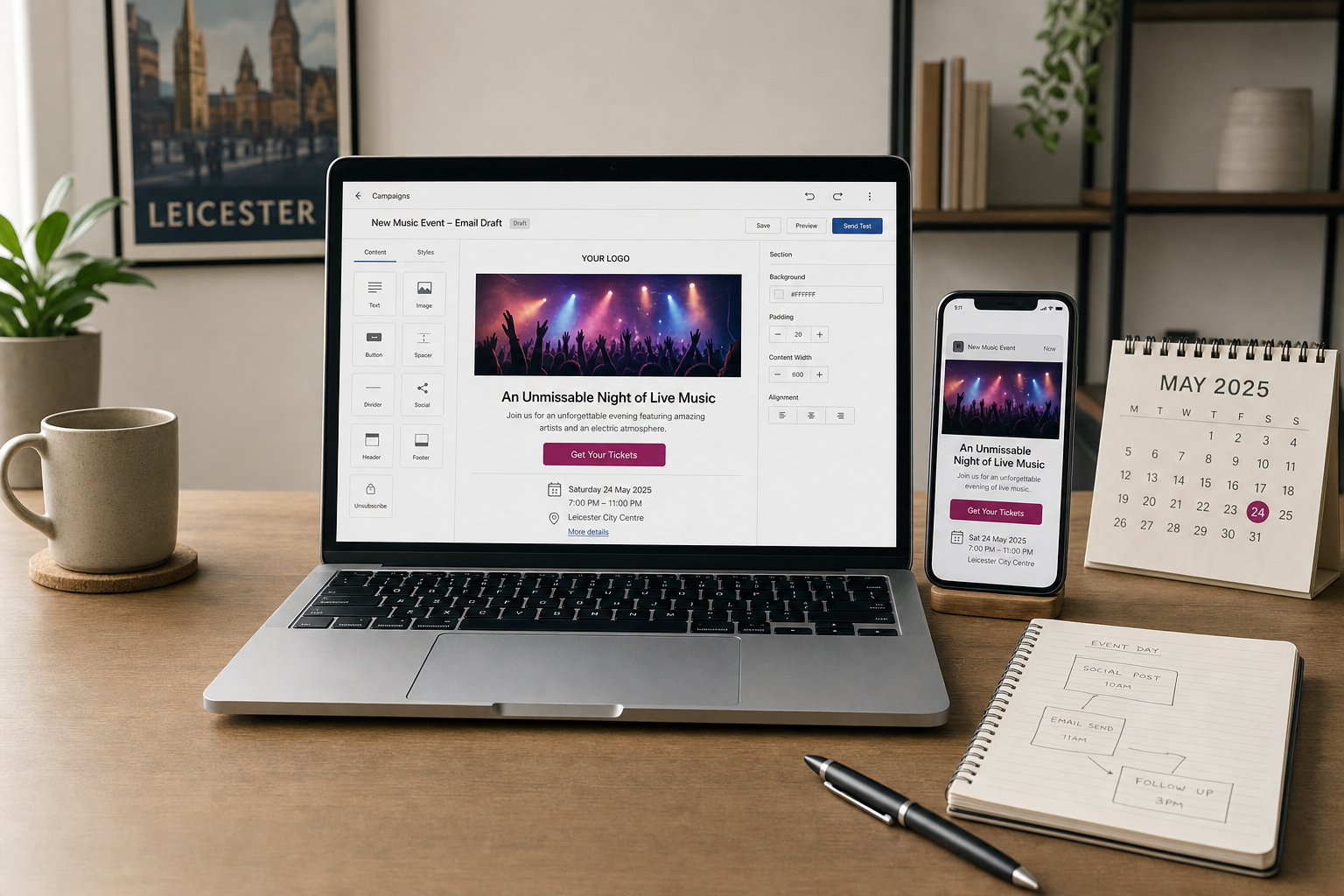 Laptop and smartphone displaying a live music event invitation on a desk with a calendar and notebook.