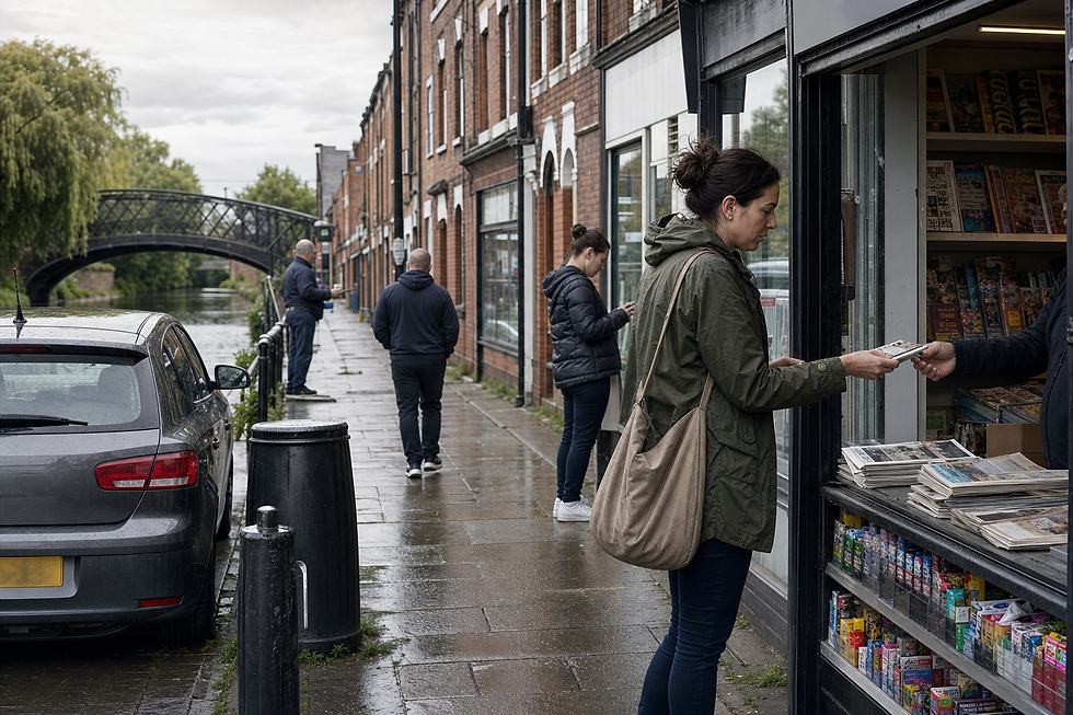 A woman buys a newspaper from a shop along a canal-side street, with people walking and a car parked nearby.