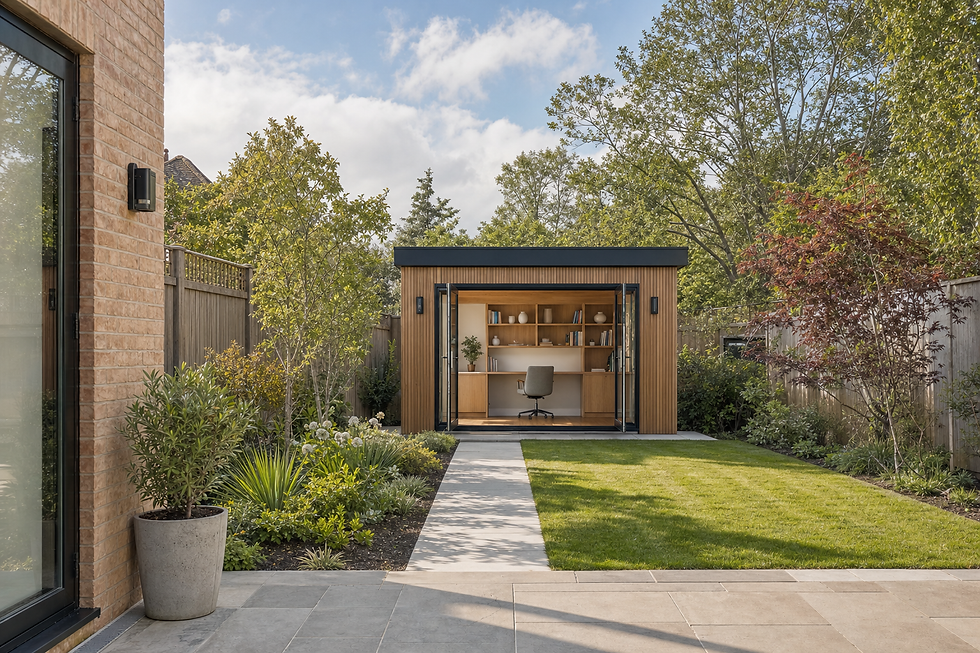 A modern garden office with wooden exterior, large glass doors, and neatly arranged furniture, surrounded by lush greenery.
