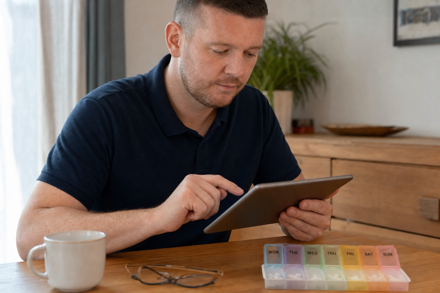 Man using a tablet at a wooden table with a weekly pill organiser and a mug nearby.
