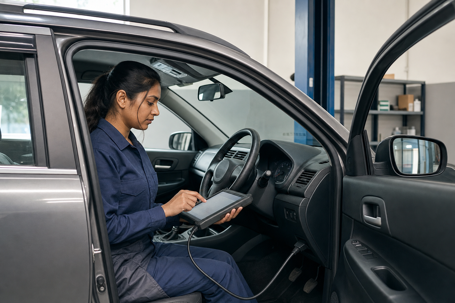 Mechanic in blue overalls uses a diagnostic tablet inside a car in a garage setting.
