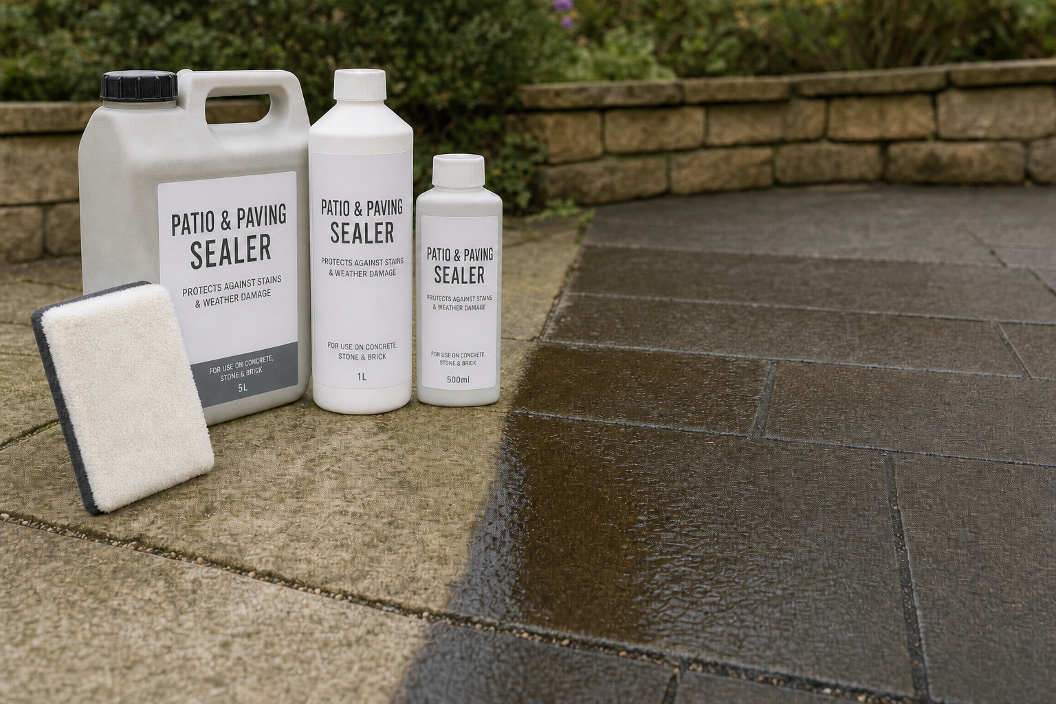 Patio and paving sealer bottles with an applicator pad beside a sealed stone surface.