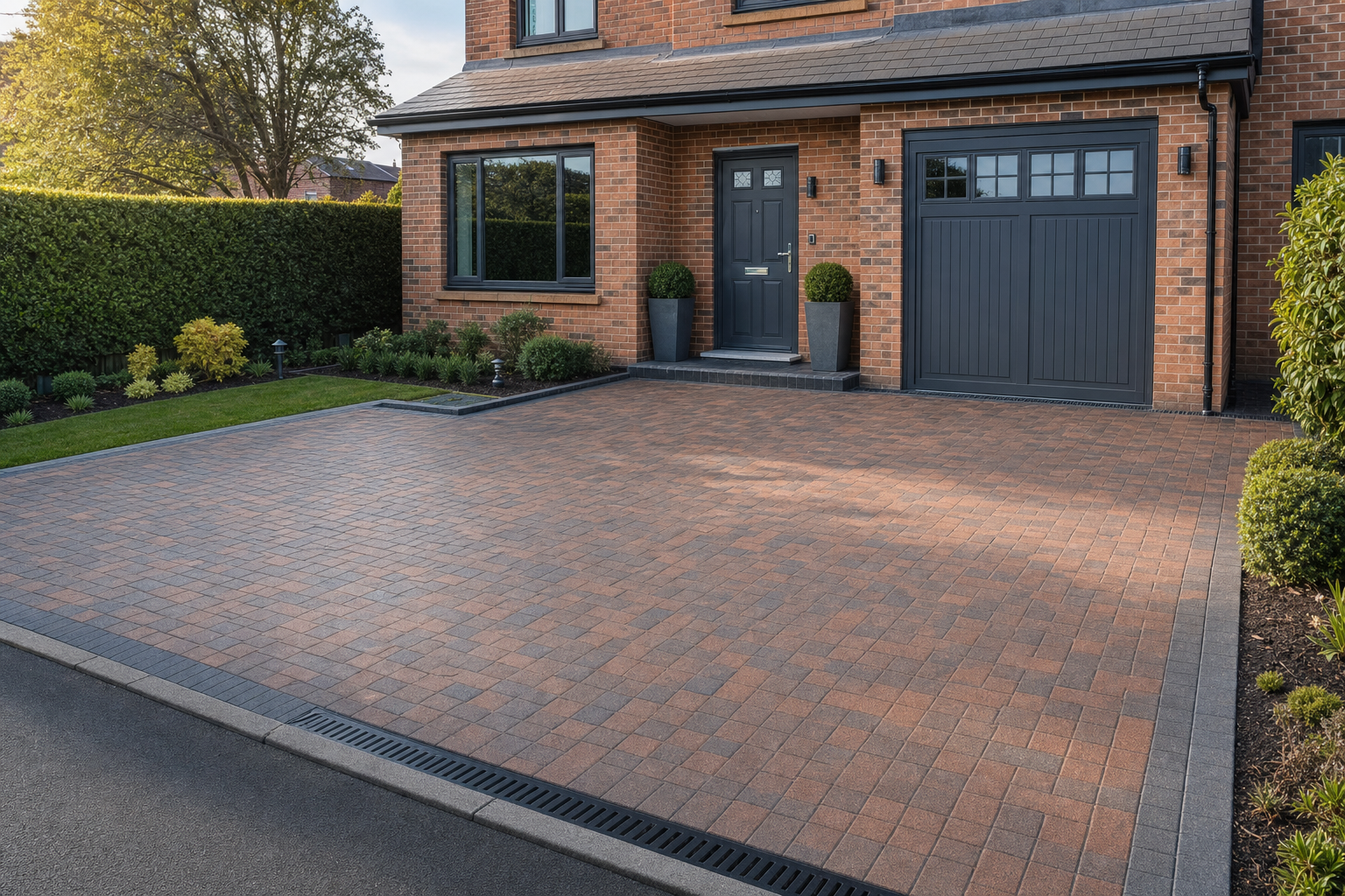 A tidy brick driveway leads to a modern brick house with a neatly trimmed lawn and shrubs.