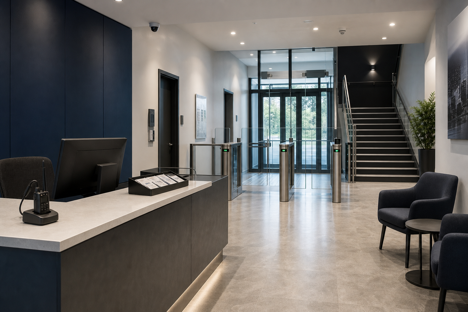 Modern office reception area with a front desk, turnstiles, seating, and a staircase leading upstairs.