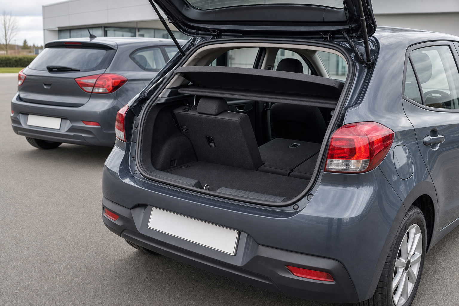 Two grey hatchback cars parked side by side, with one having its boot open.