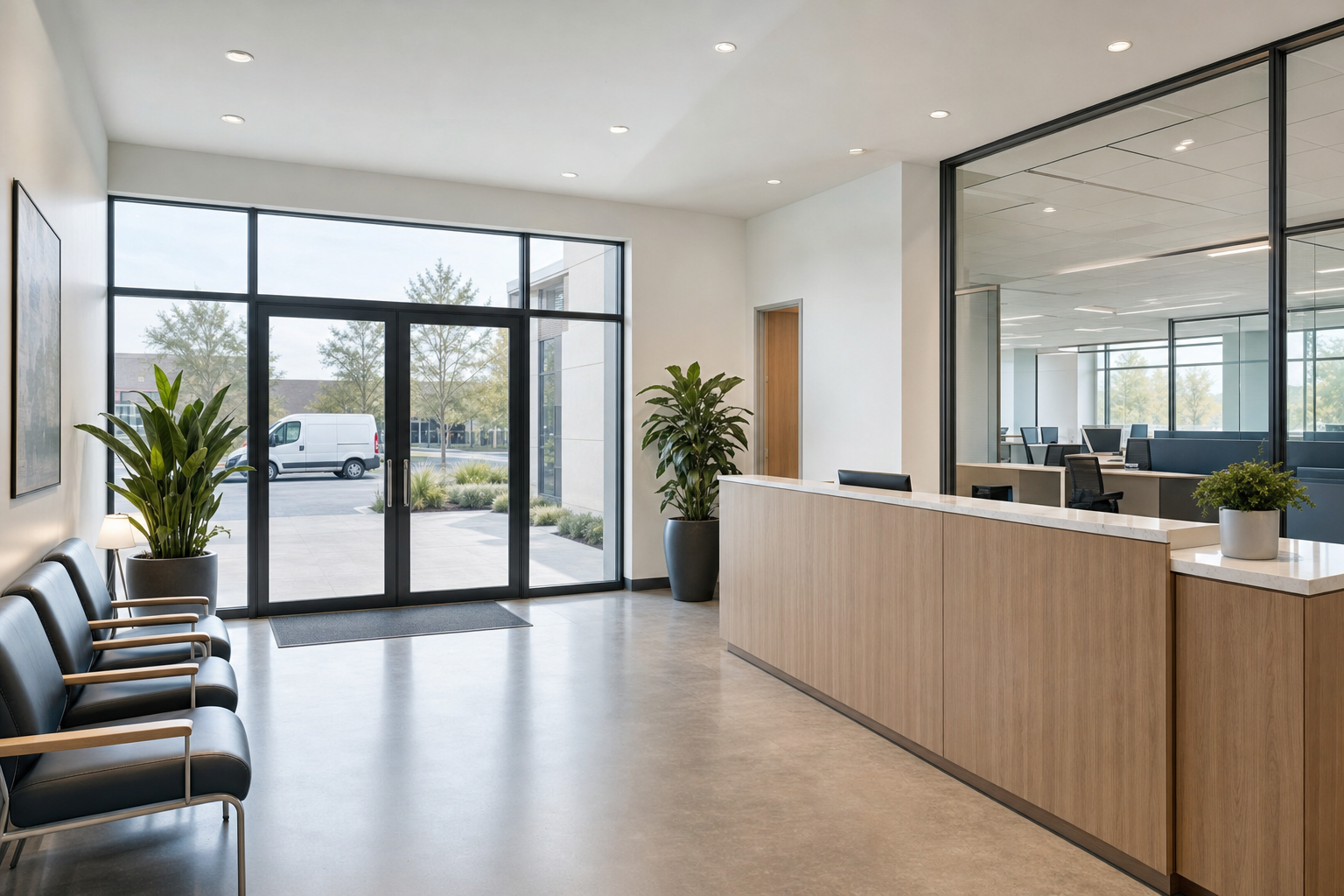 Modern office reception area with sleek furniture, large glass doors, and potted plants.