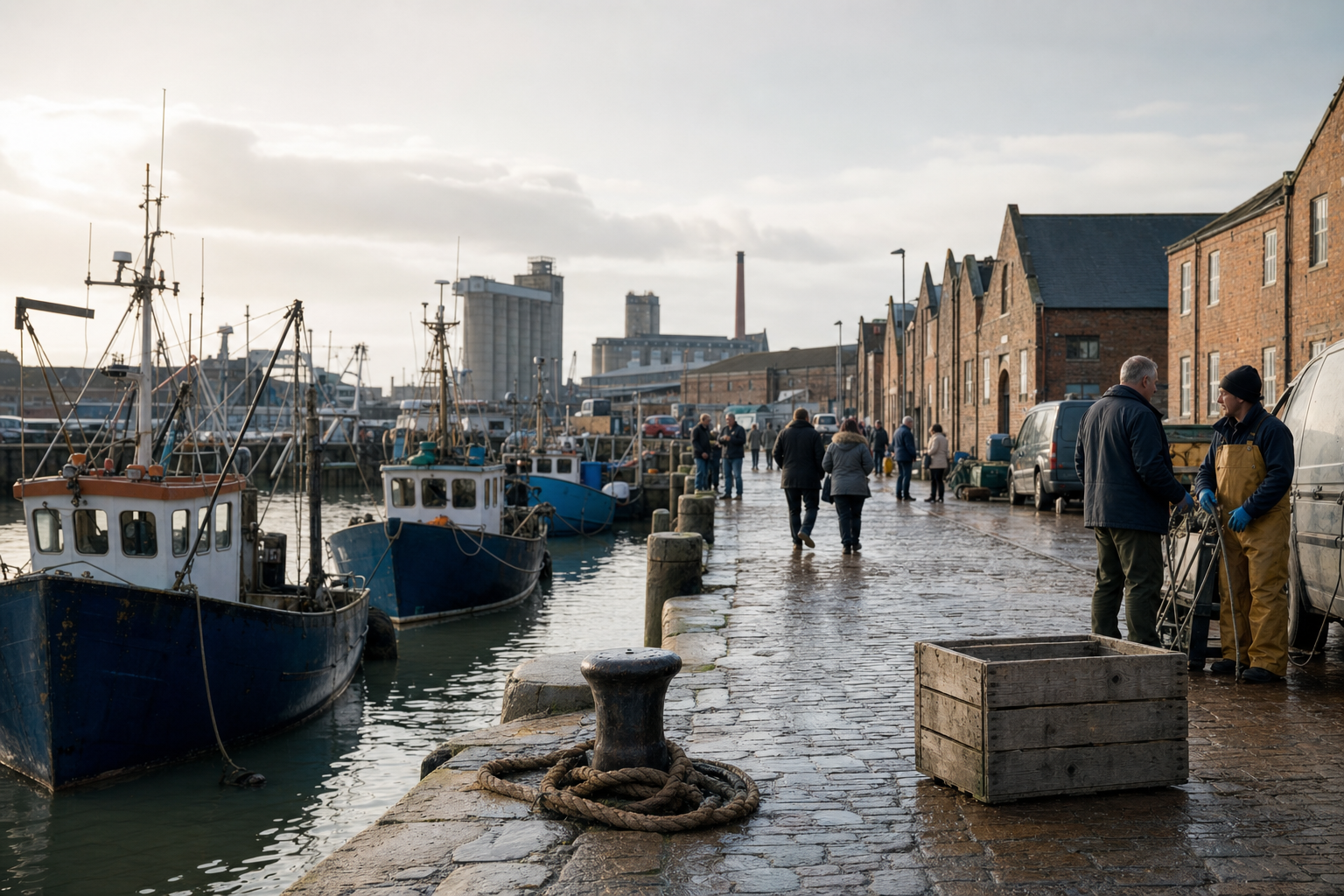 Fishermen and locals converse along a cobblestone harbour lined with moored fishing boats and historic brick buildings.
