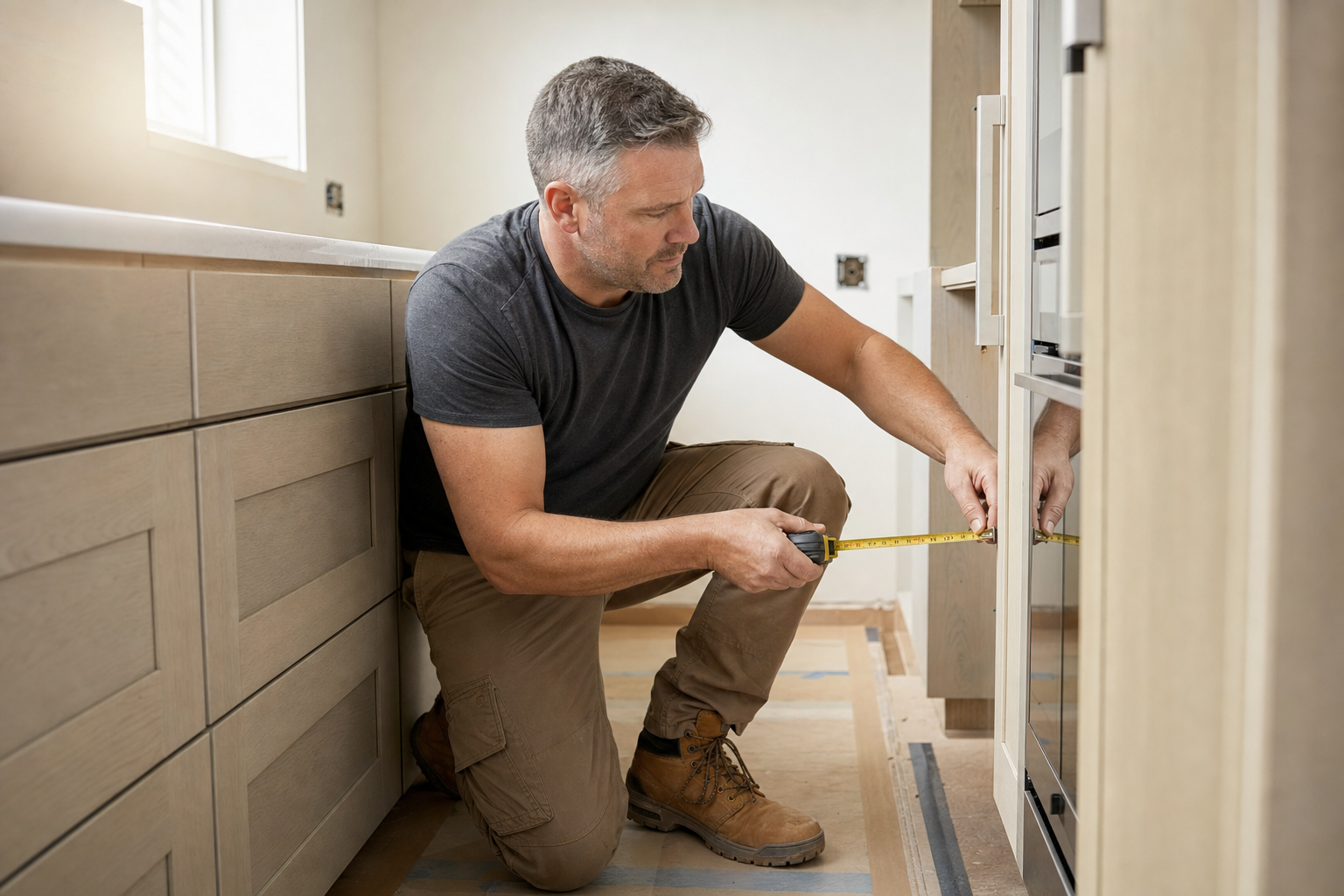 A man kneels on the floor, measuring a kitchen cabinet with a tape measure.