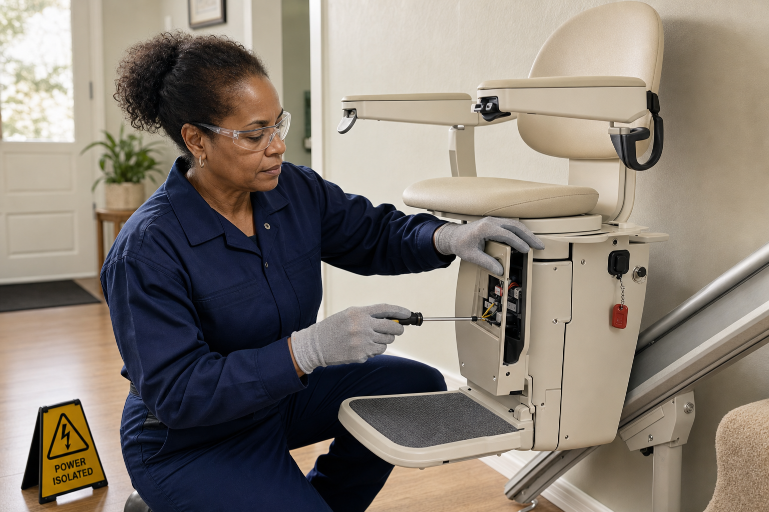 Technician in blue overalls repairing a stairlift, with a "Power Isolated" warning sign visible.