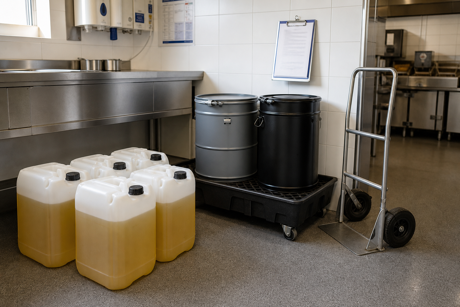 Cooking oil containers and large drums are stored in a commercial kitchen corner.