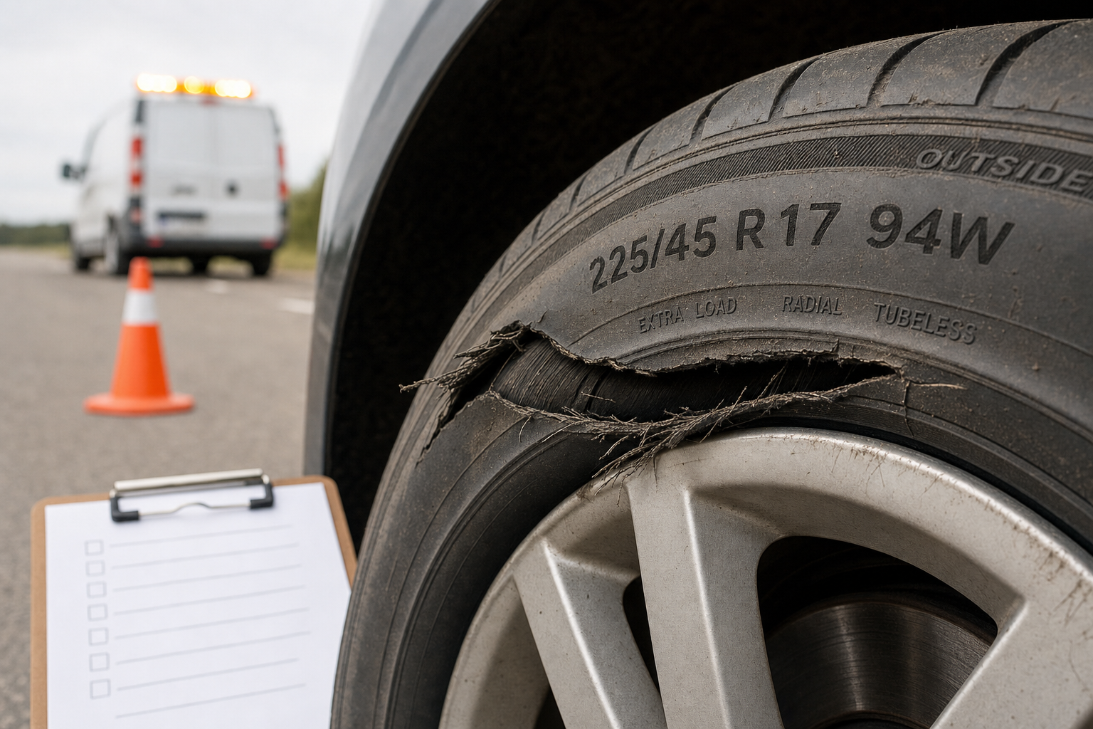 A car tyre with a large tear parked on the roadside, with an orange cone and a white van in the background.