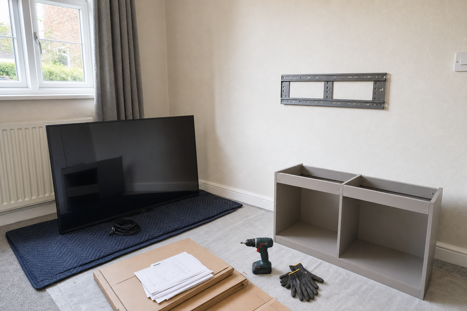 Living room setup with a TV, wall mount, cabinet, drill, and gloves ready for installation.