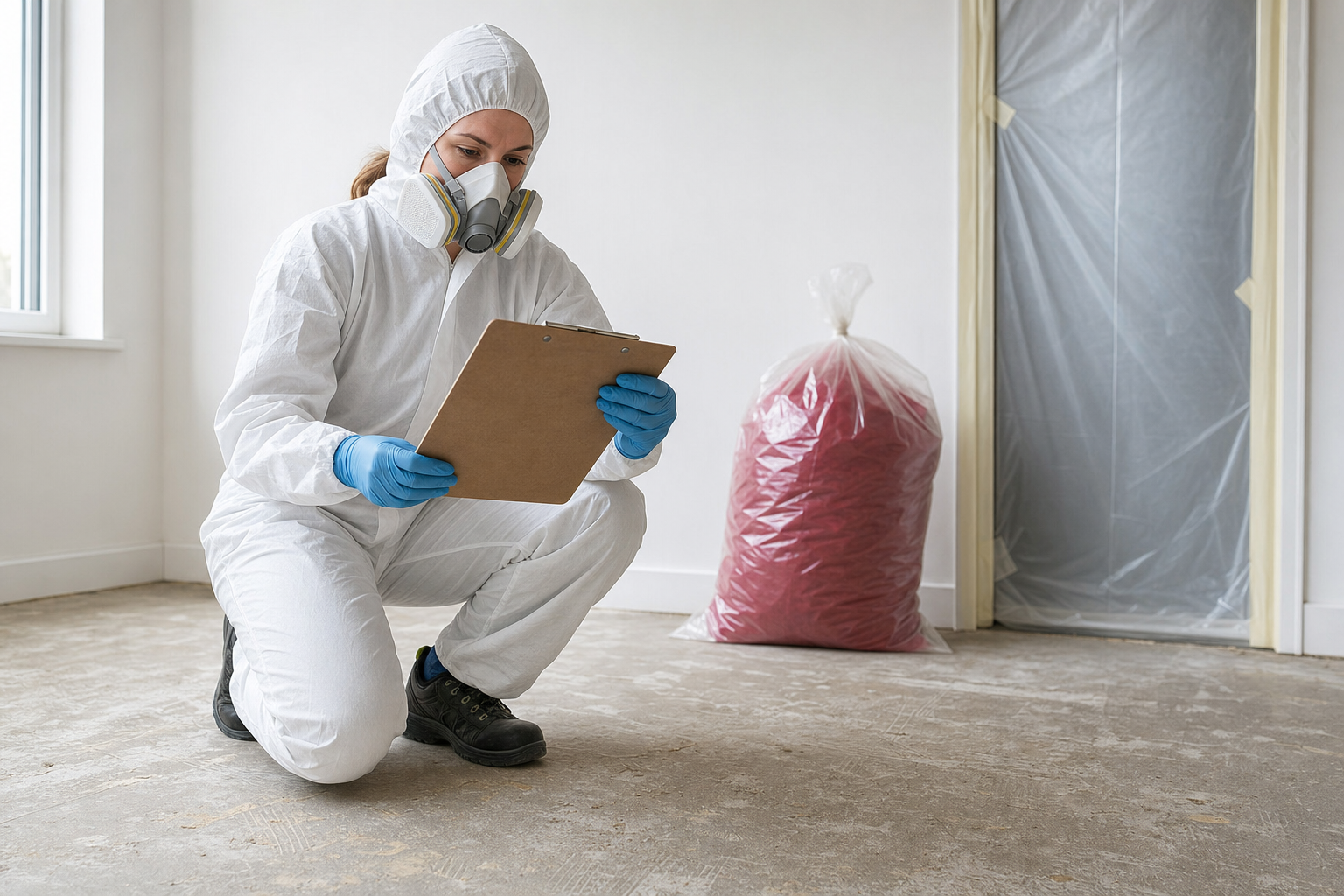 Worker in protective gear, including a mask, kneels in a room taking notes with a red bag of waste behind them.