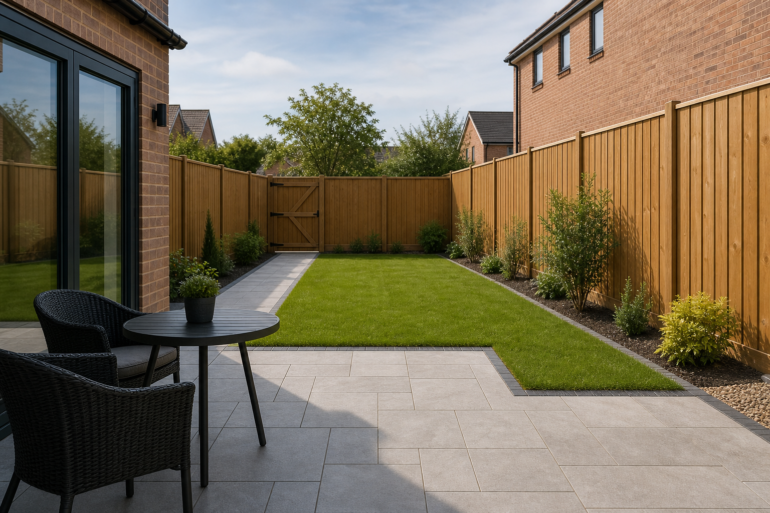 Modern garden with a tiled patio, black wicker chairs, a round table, green lawn, and wooden fencing on a sunny day.