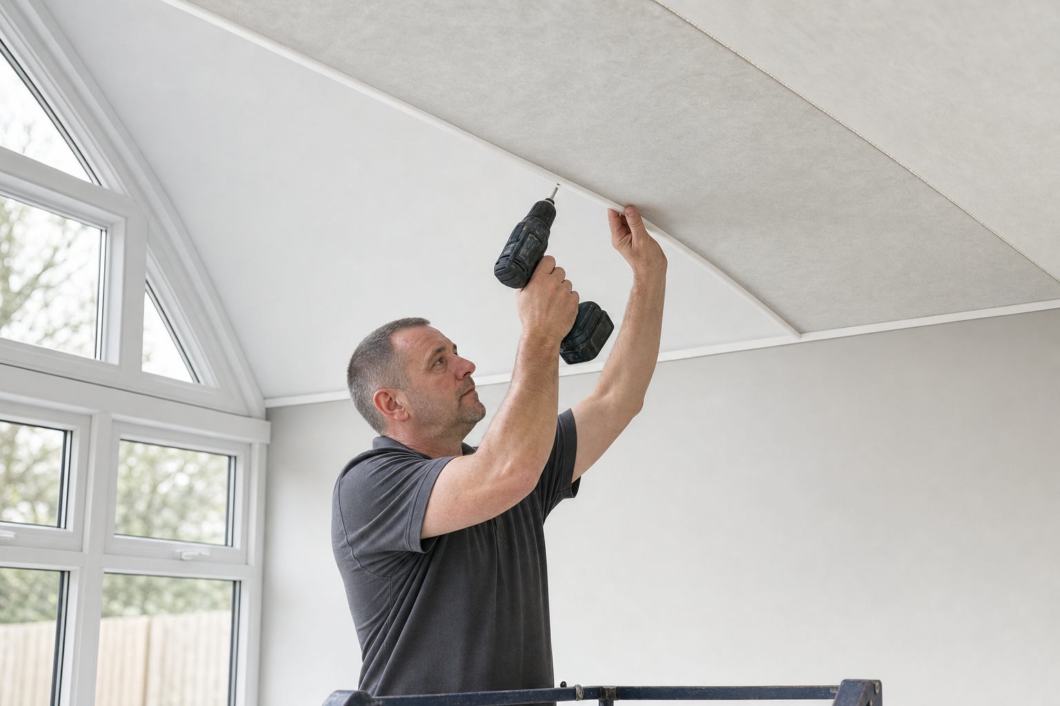 A man uses a power drill to install ceiling panels inside a room with large windows.