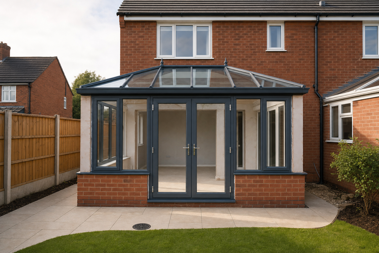 A modern conservatory with glass doors and windows attached to a brick house, overlooking a tiled patio and green lawn.