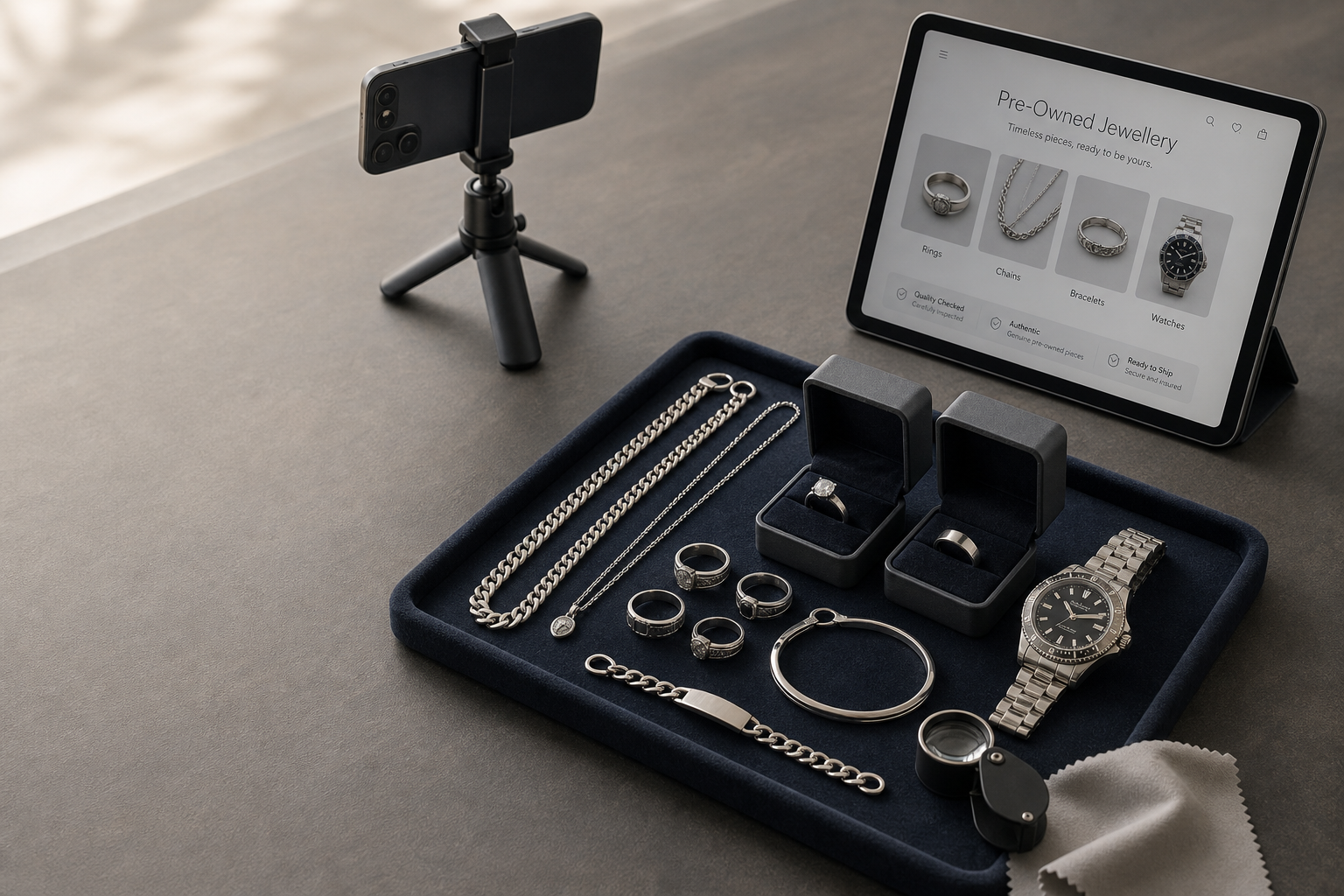 Jewelry display with rings, chains, and a watch next to a tablet showcasing a pre-owned jewelry website.
