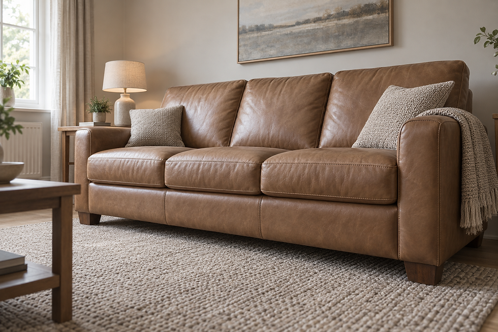 A cosy living room features a brown leather sofa with cushions and a blanket, alongside a lamp and plants.