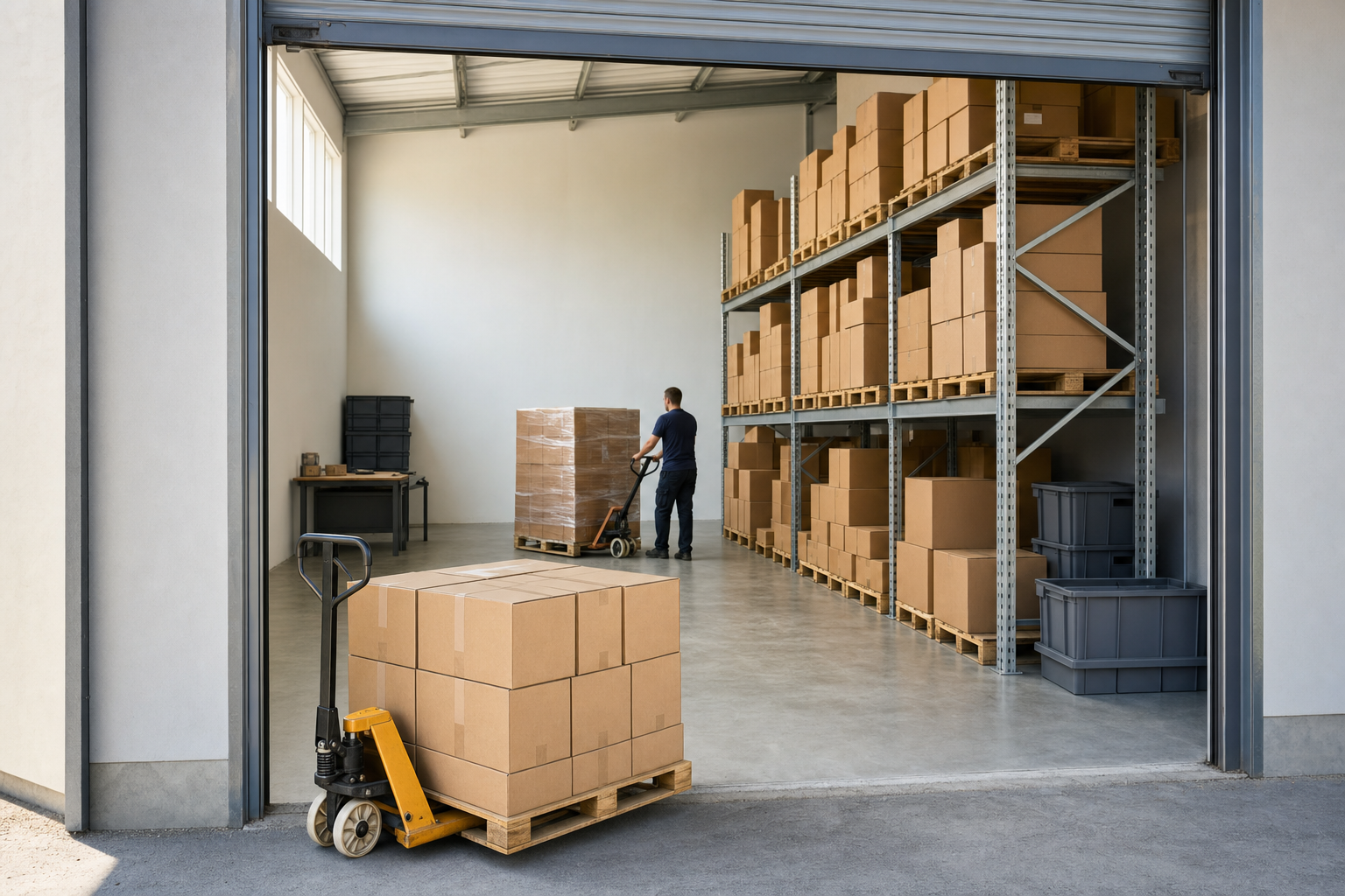 Man moving a pallet of boxes with a hand truck in a spacious warehouse.