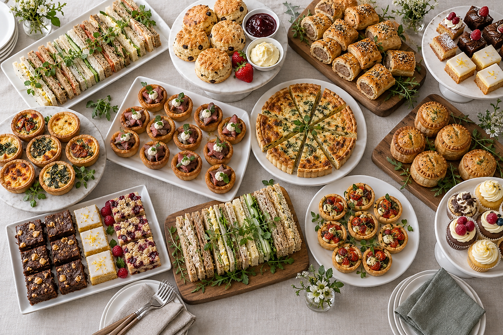An assortment of afternoon tea delicacies including sandwiches, scones, pastries, and savoury pies arranged on a table.