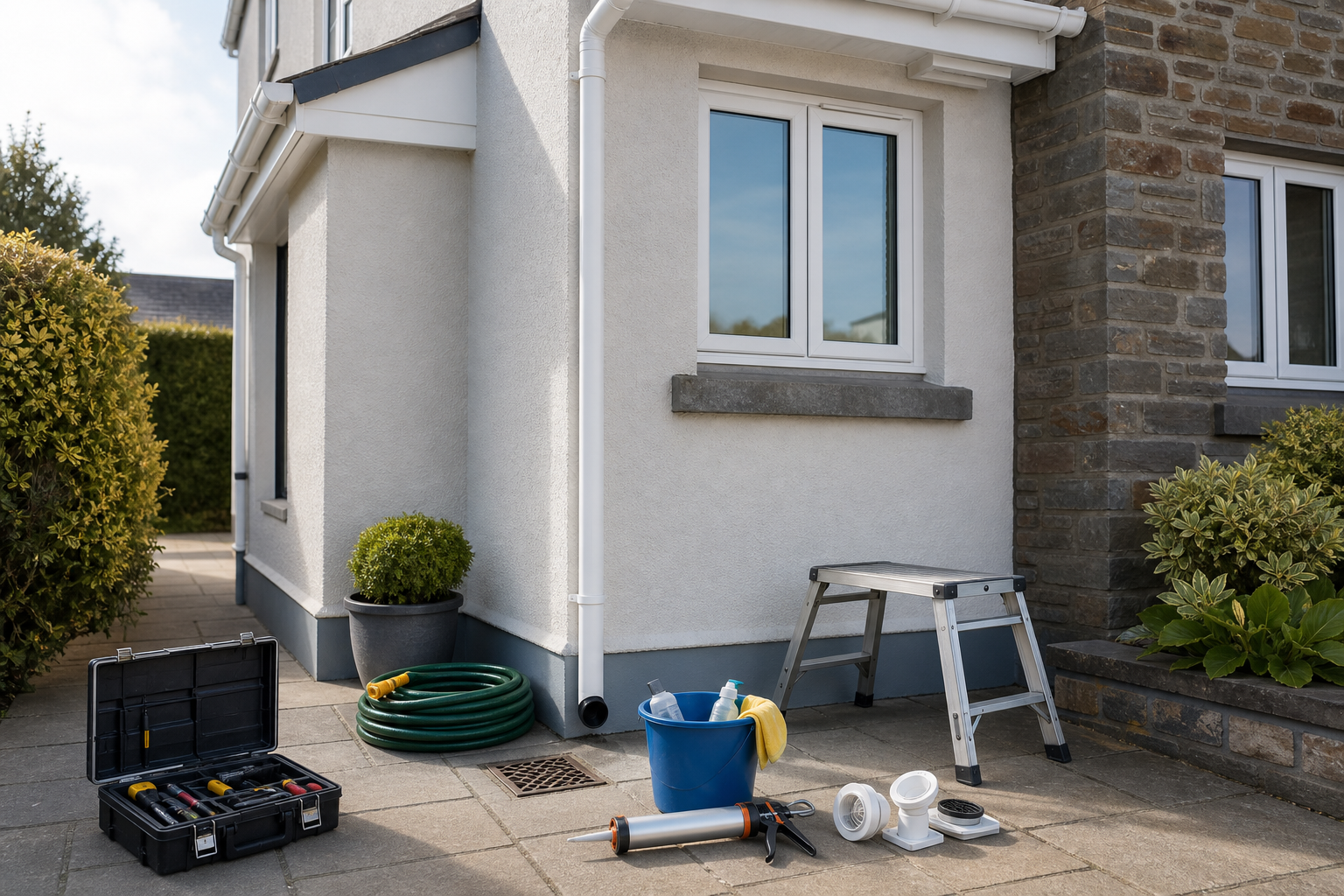 Tools and supplies arranged outside a house near a ladder and garden hose.