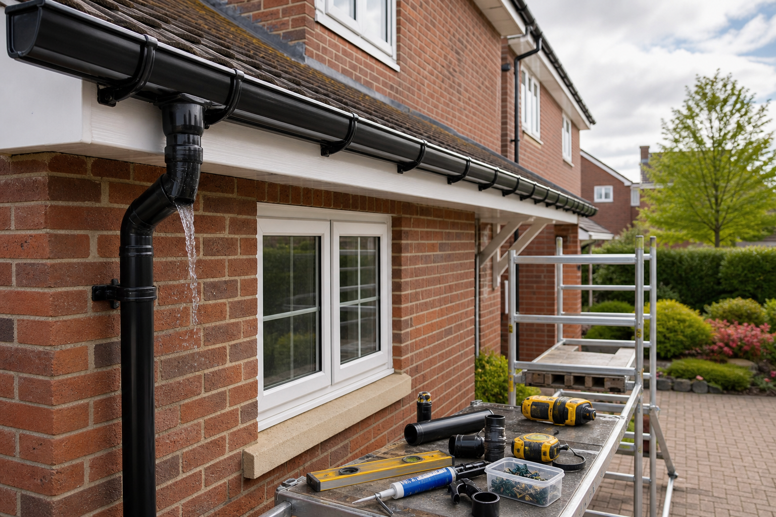 Exterior view of a brick house with new gutters being installed, featuring tools and a scaffolding platform.