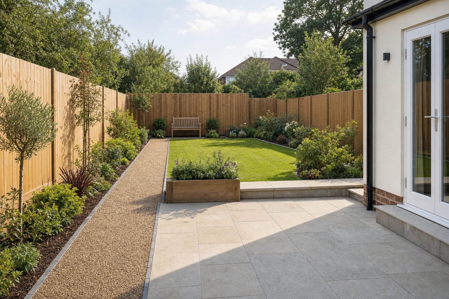A landscaped garden features a pathway, vibrant plants, and a bench, framed by wooden fencing, next to a tiled patio area.