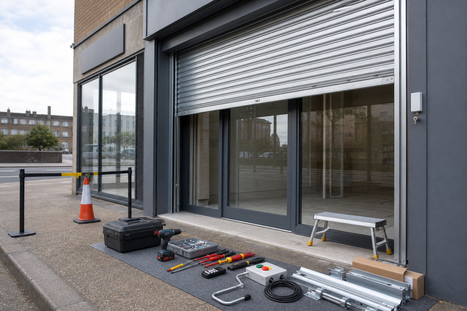 Roller shutter installation setup with tools and equipment laid out on the ground outside a building.