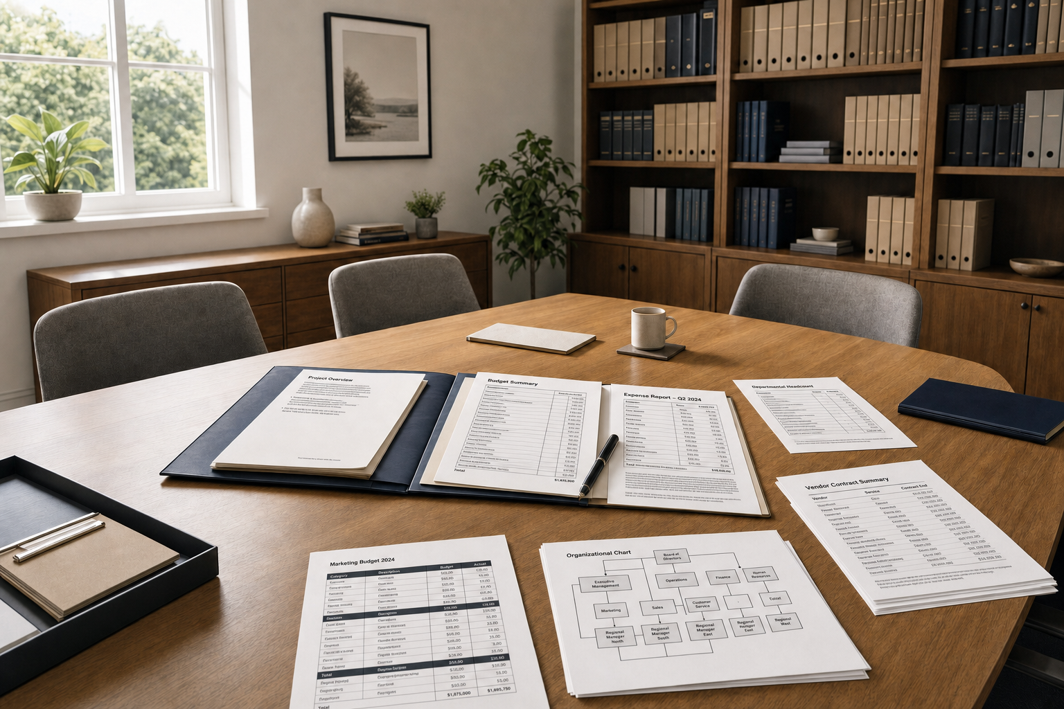 Office meeting room with financial documents and charts neatly arranged on a wooden table.