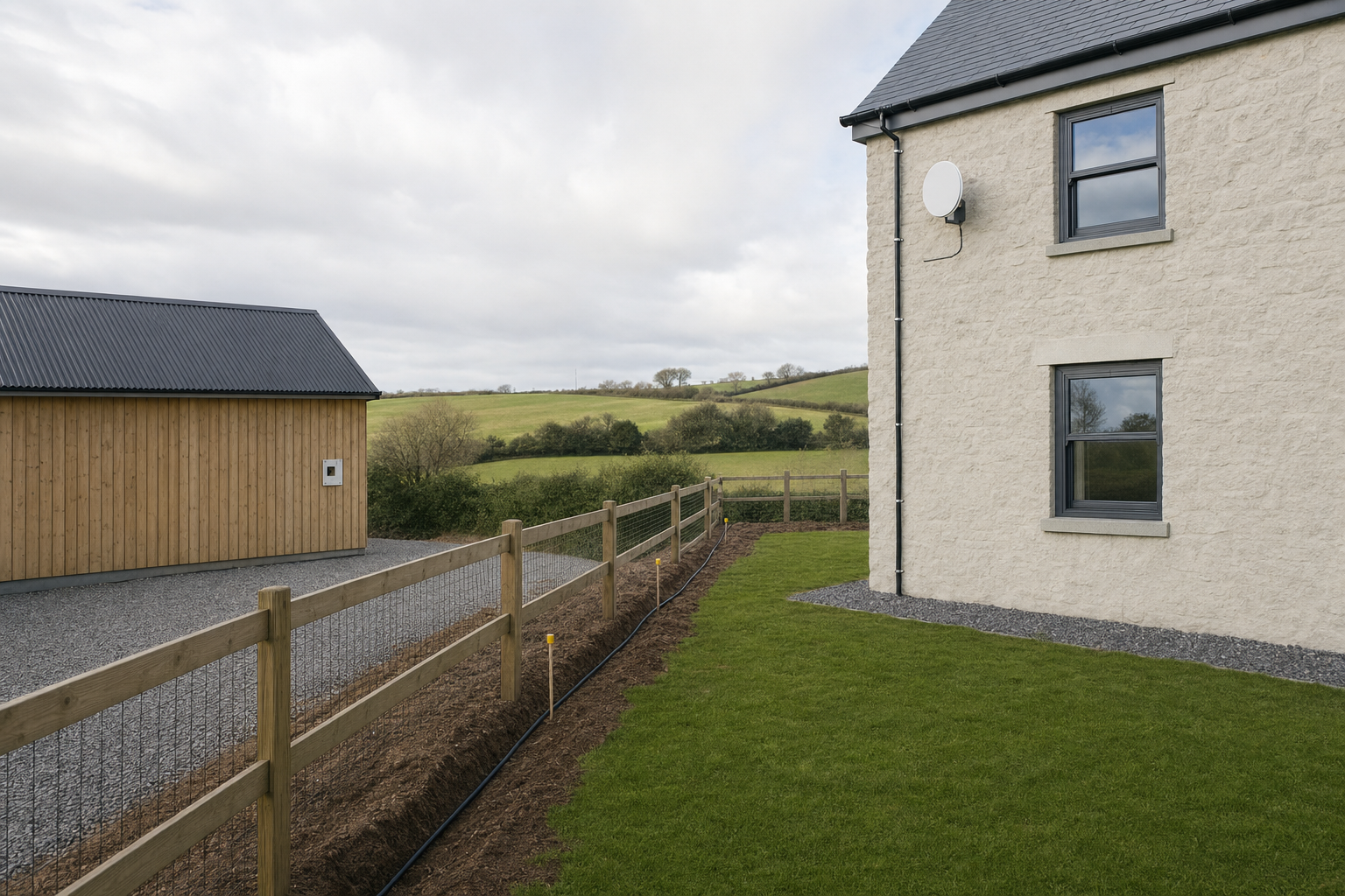 Modern rural building with wooden shed, a fenced garden, and rolling green hills under a cloudy sky.