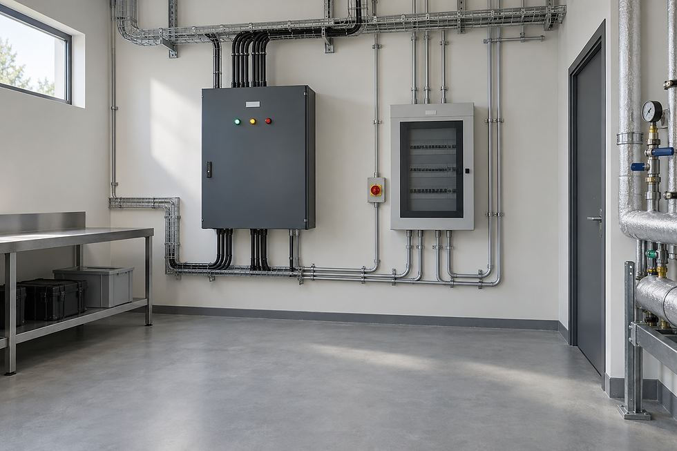 A clean, industrial control room with exposed pipes, electrical panels, and a stainless steel bench.