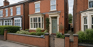 Red brick Victorian terraced house with a green front door and small front garden bordered by a low brick wall.