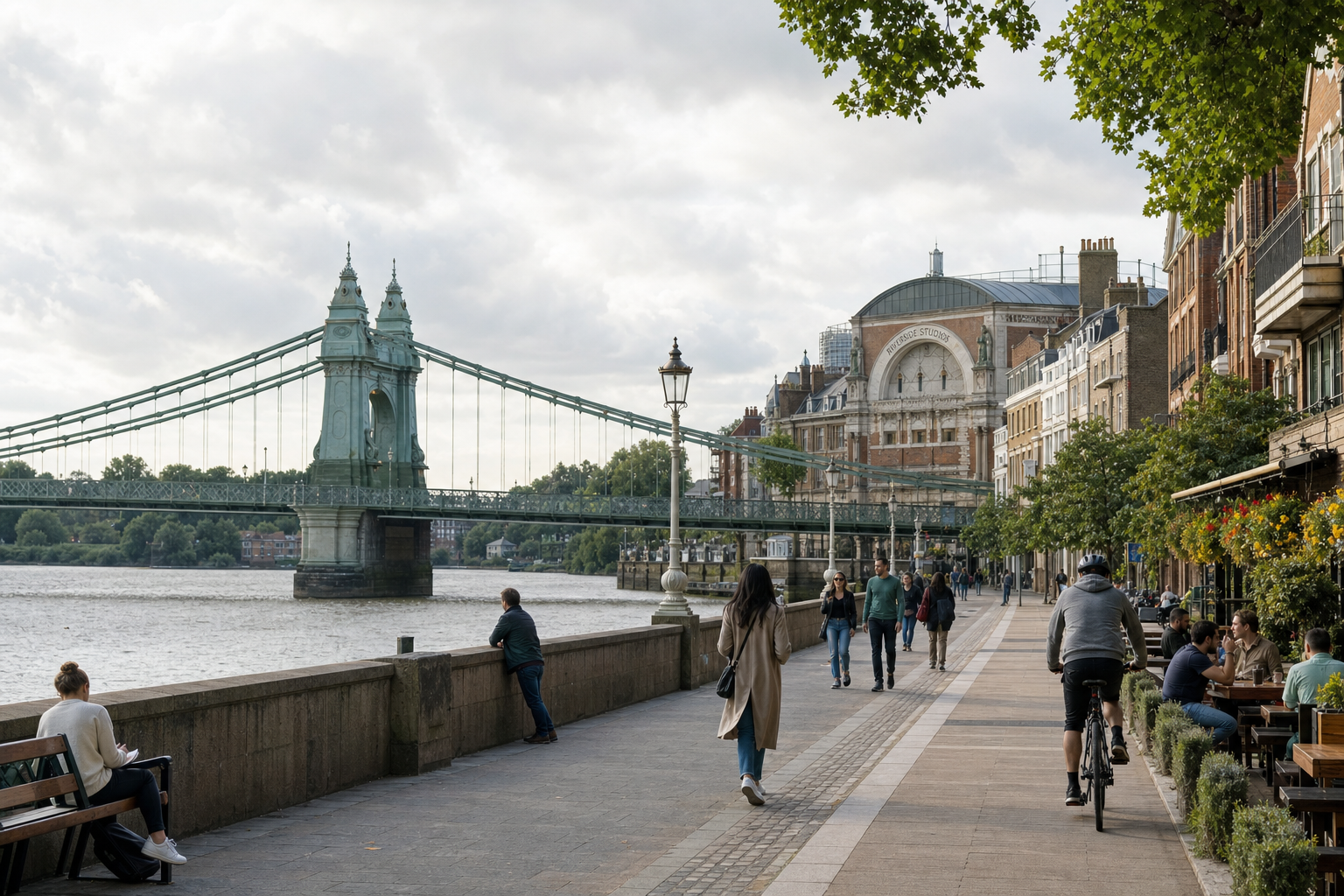 People walking and cycling along the riverside path near a historic bridge and buildings on a cloudy day.