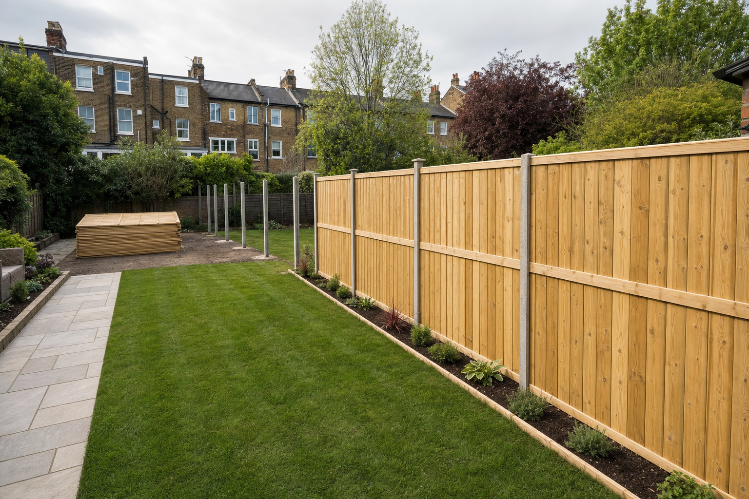 A freshly installed wooden fence borders a neatly manicured garden with adjacent terraced houses in the background.