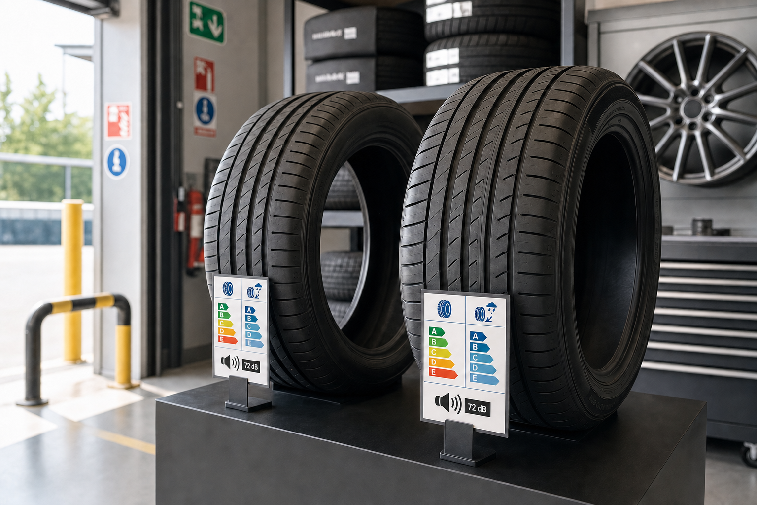 Two car tyres with energy efficiency labels displayed in a garage.