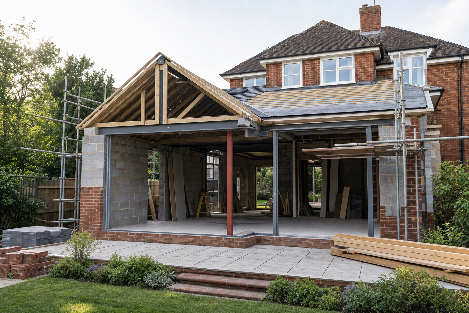 A house under renovation with scaffolding, focusing on an extension in progress with exposed framework and bricks.