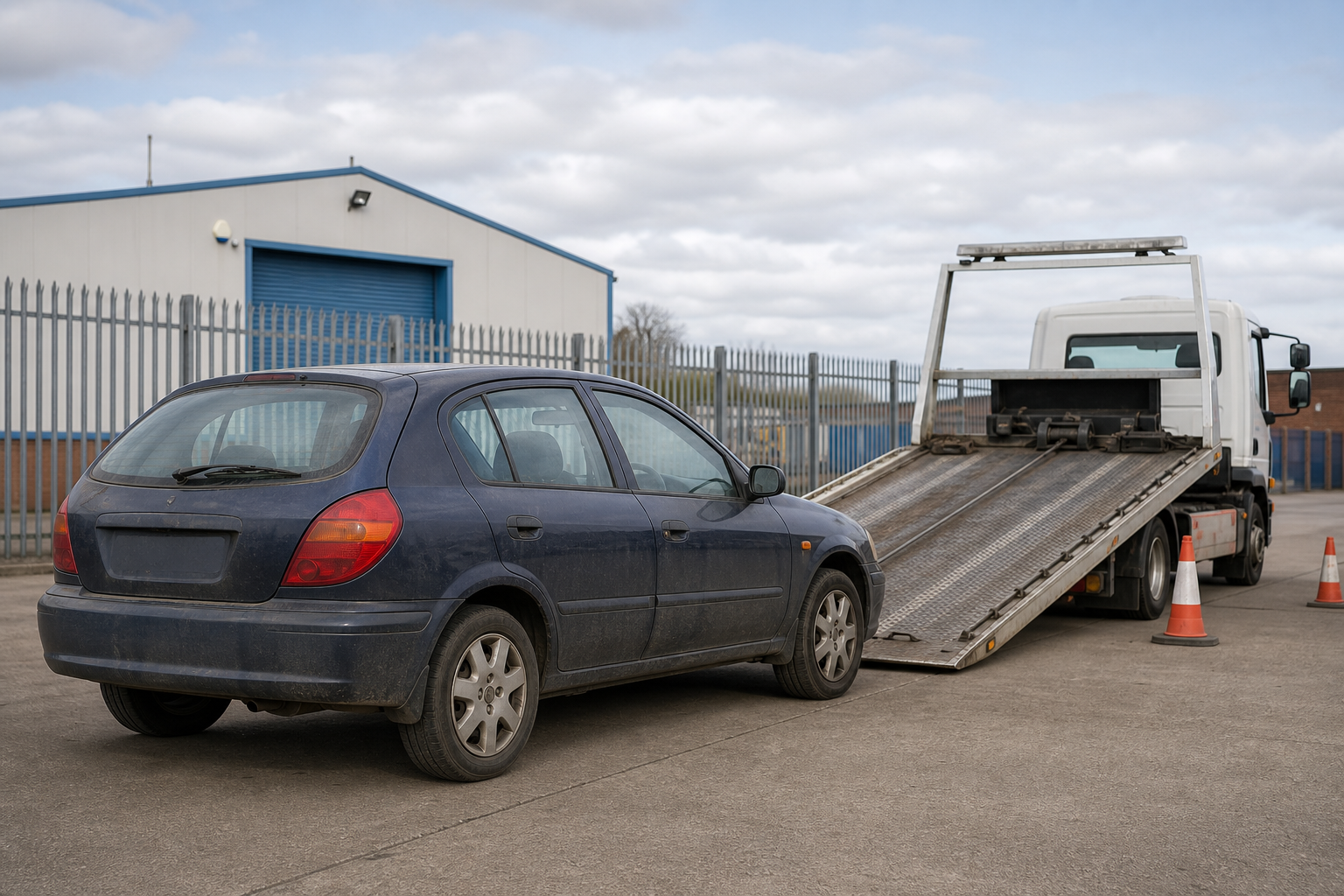 A blue car is parked near a flatbed tow truck with its ramp elevated.