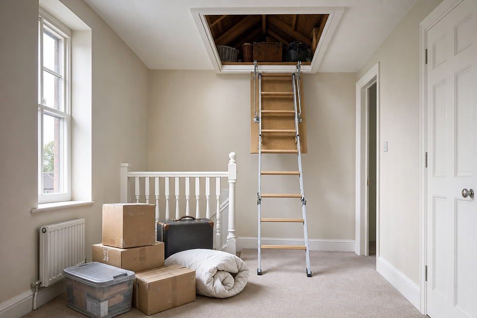 Foldable loft ladder extends from an attic hatch, surrounded by packed boxes and camping gear.