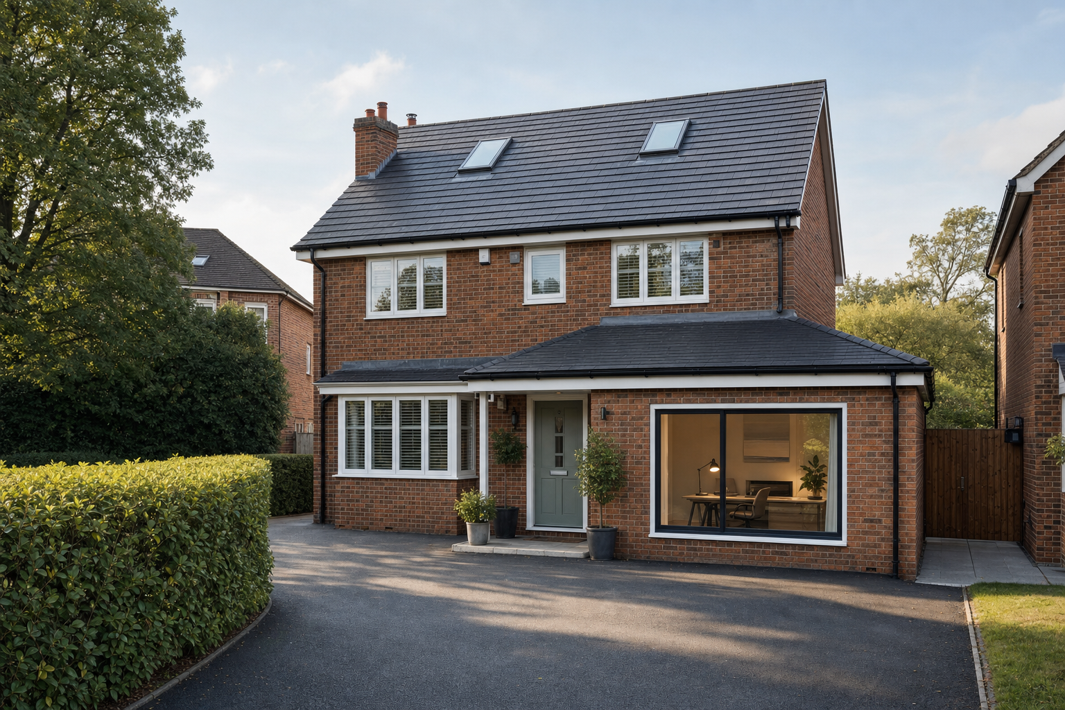 A modern two-storey brick house with a front garden and large windows lit from within.