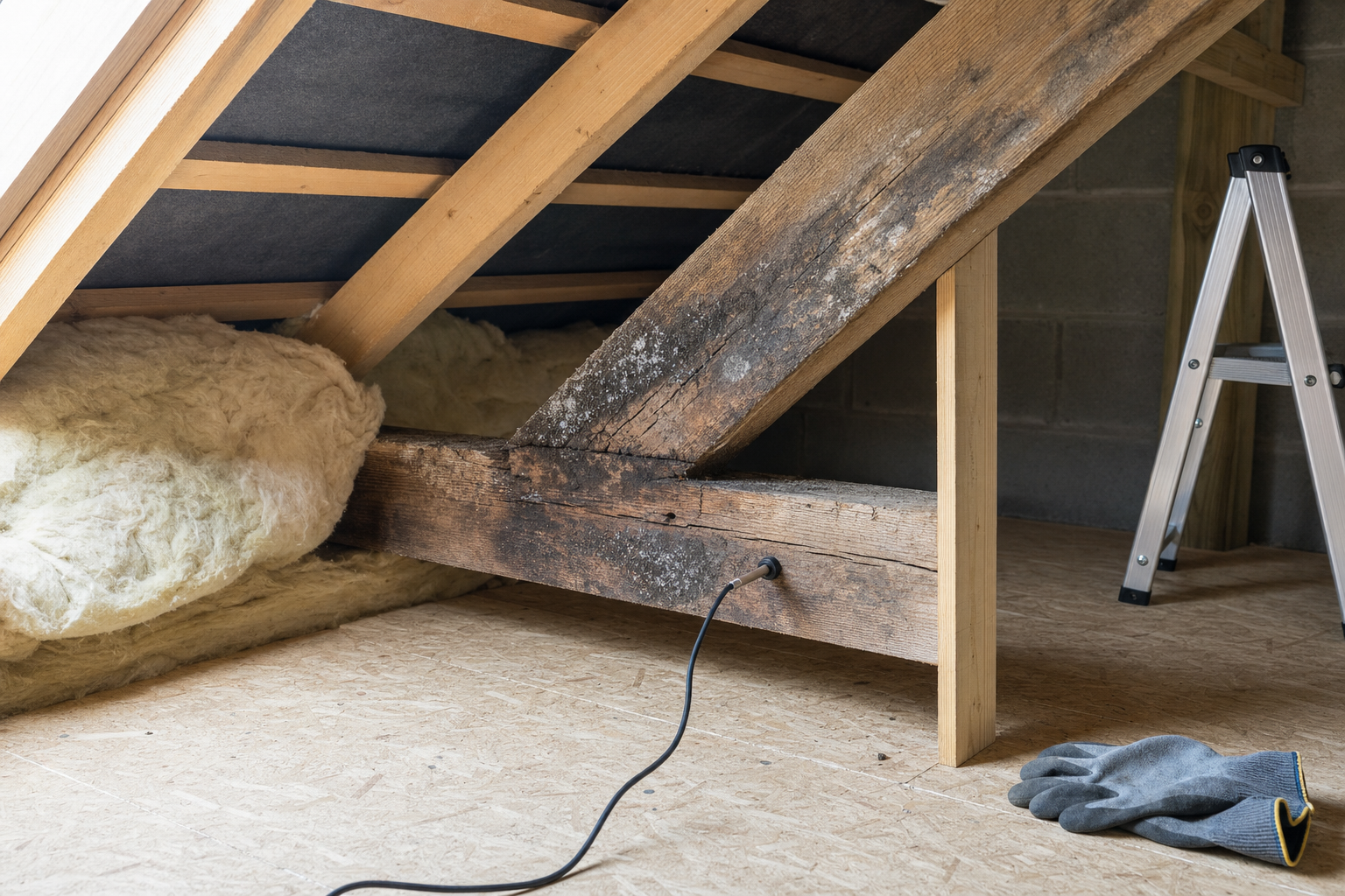 A wooden attic space with a support beam, insulation, a cable, a ladder, and a pair of work gloves on the floor.