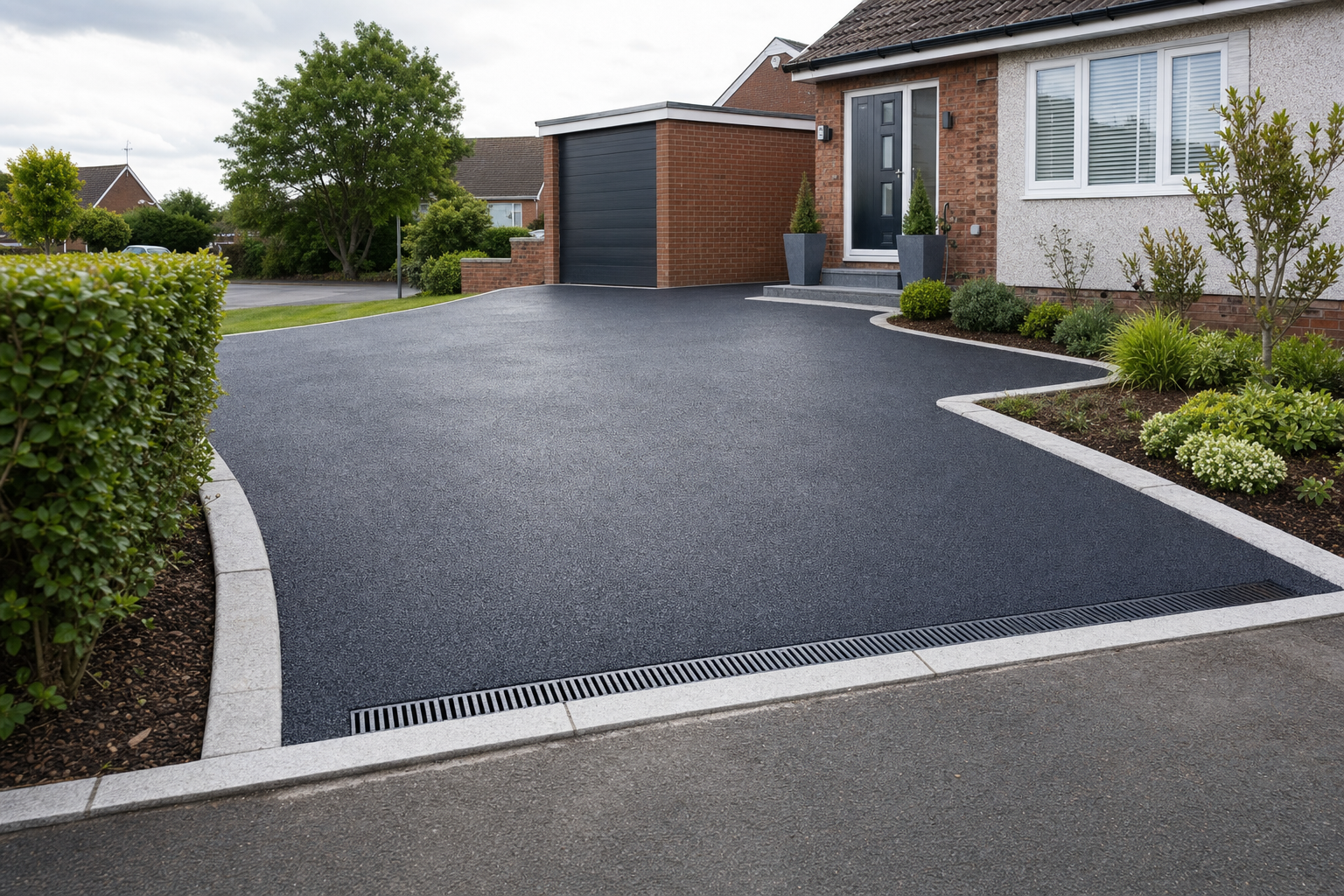 A modern, neatly landscaped driveway leads to a house with a brick garage, framed by lush green shrubs and trees.