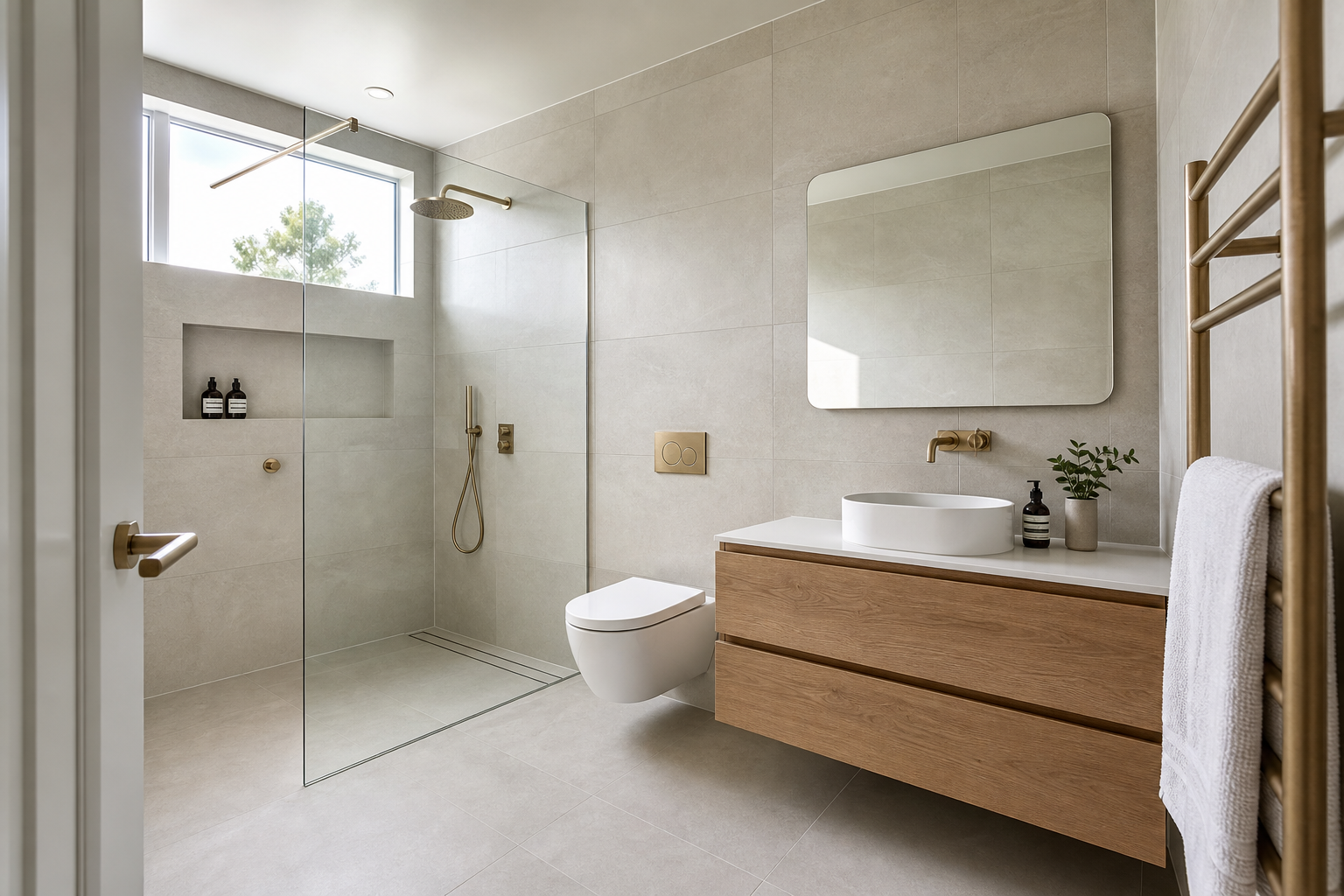 Modern bathroom with a glass shower, wooden vanity, wall-mounted toilet, and large mirror.