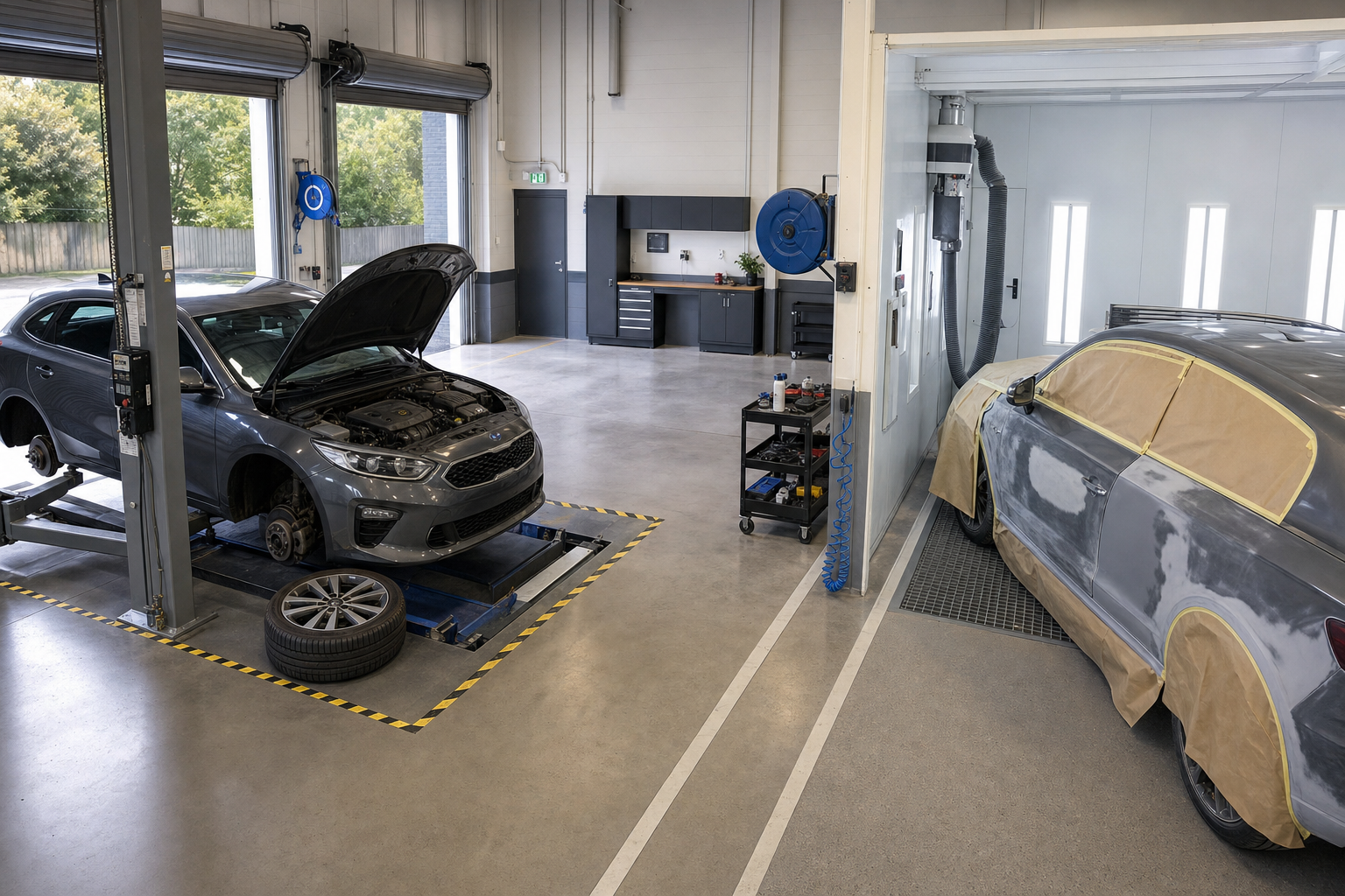 A car in a workshop has its bonnet open and another car is being prepped for painting.