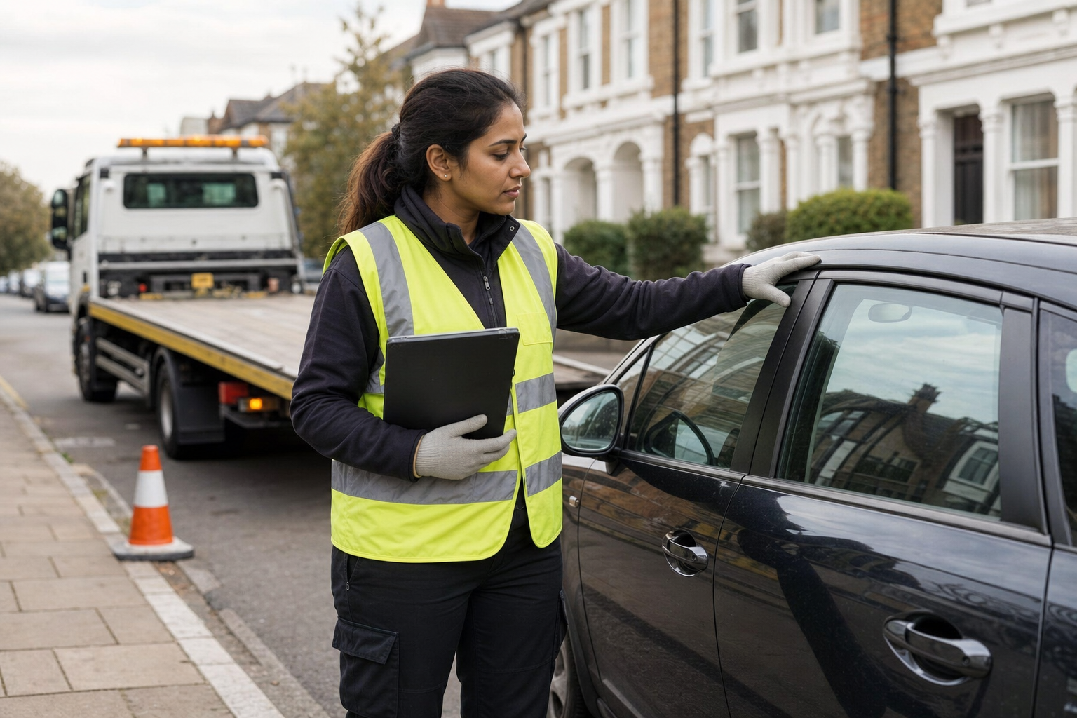 A woman in a high-visibility vest inspects a car on a residential street with a tow truck in the background.