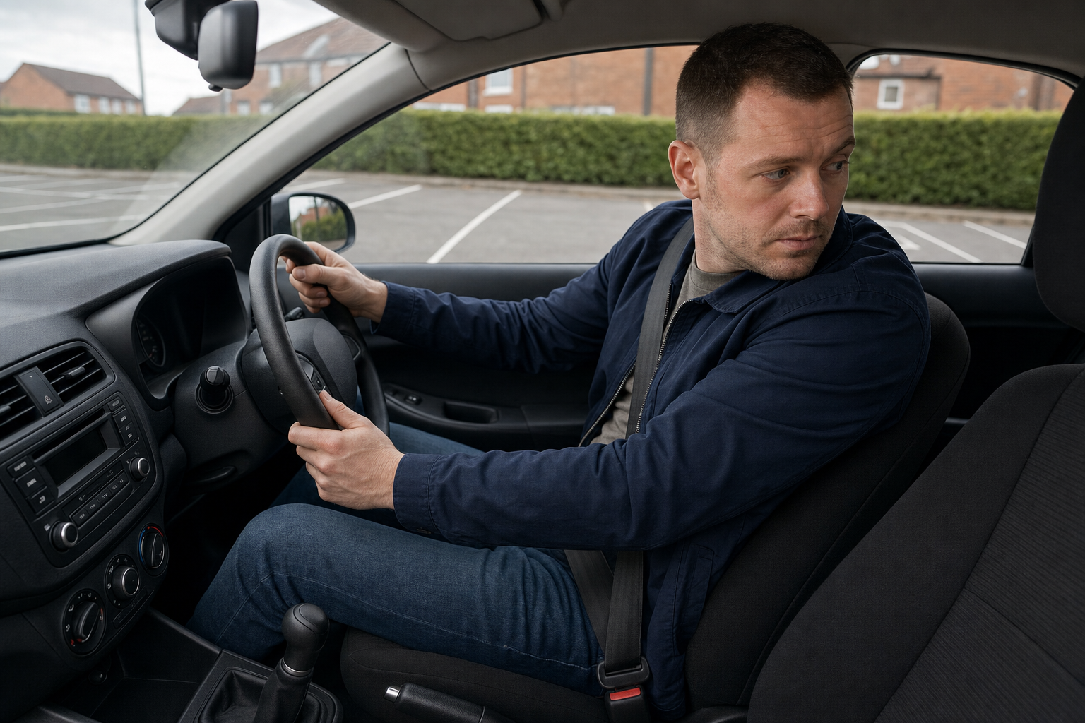 A man in a car park looks over his shoulder while steering a vehicle.