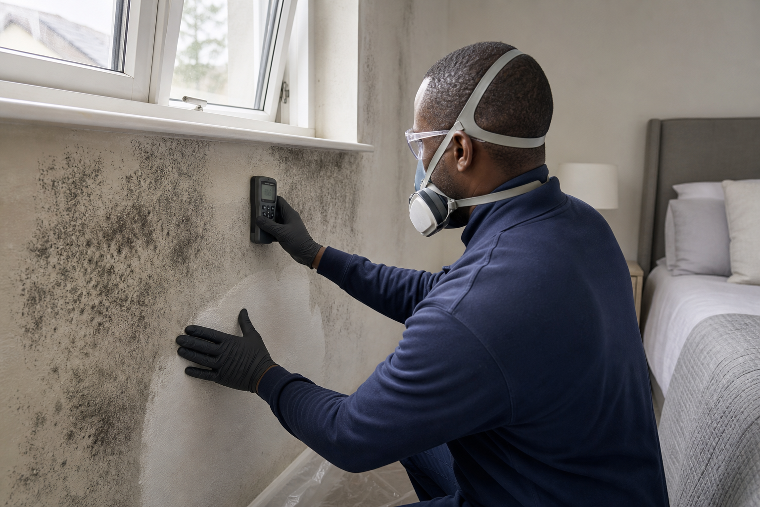 Man in protective gear inspecting mouldy wall with a moisture meter in a bedroom.